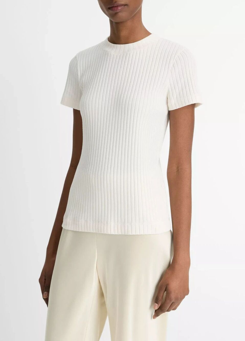 Vince Ribbed Cotton-Blend Top Tee Short Off White Size XL New